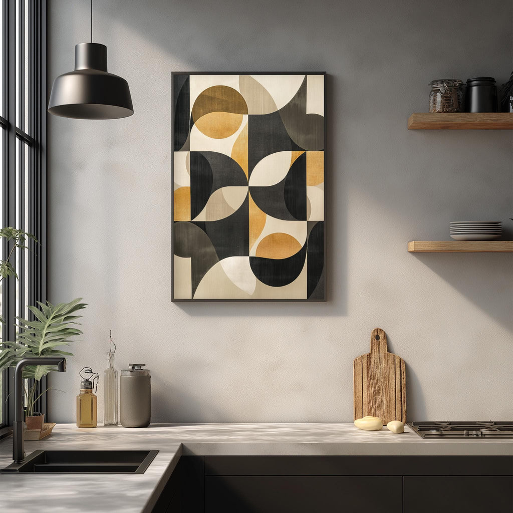 a modern kitchen with a large abstract painting hanging on the wall above a wooden cutting board and a sink.