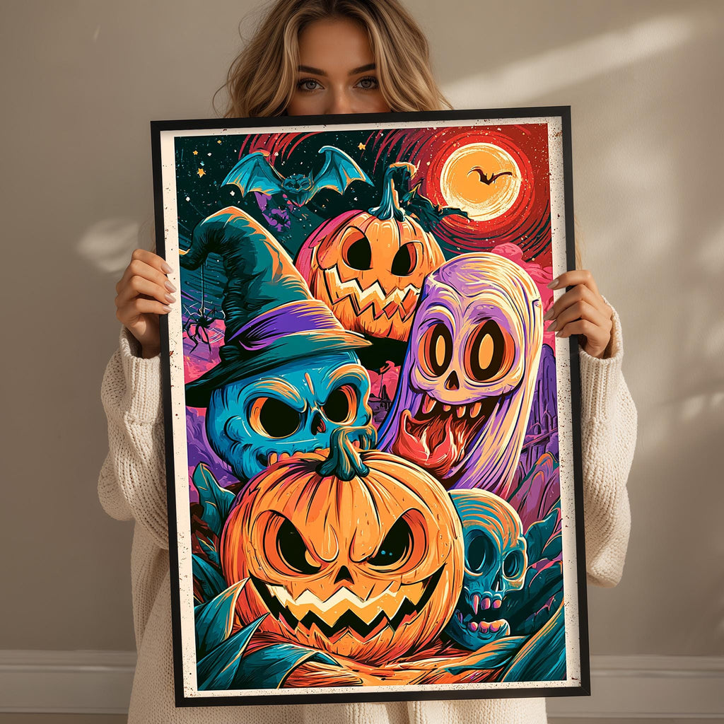 A woman is holding up a framed poster featuring a Halloween-themed illustration with various spooky and eerie characters, including a witch, jack-o-lanterns, bats, and a full moon.