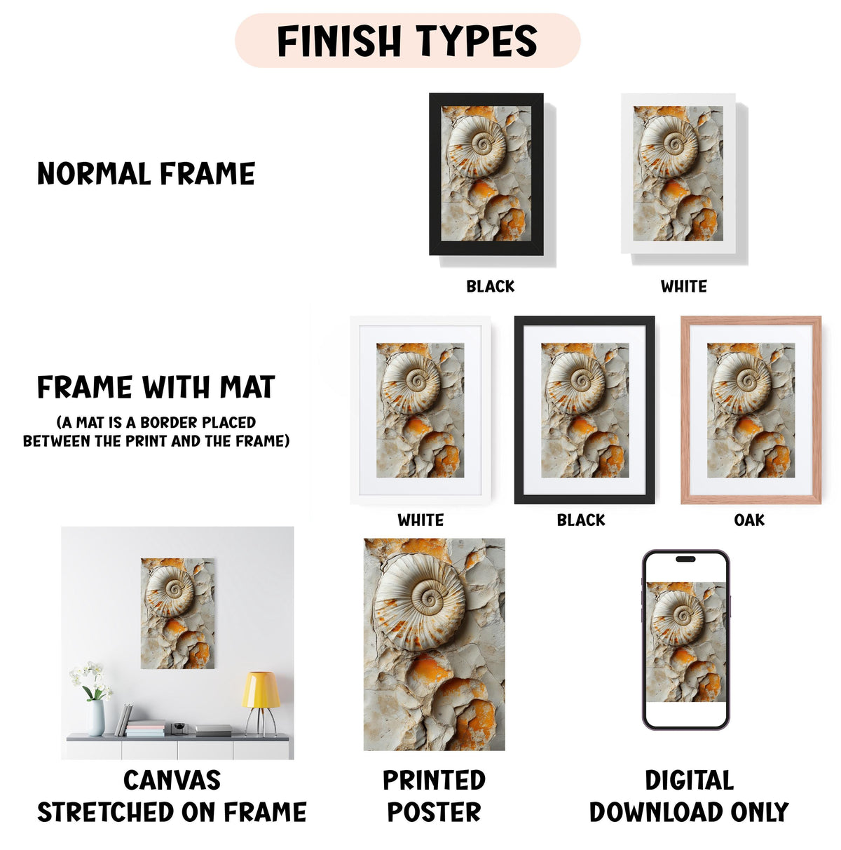 various finish types for artwork, including a normal frame, a frame with a mat, a white frame, a black frame, an oak frame, a white canvas stretched on a frame, a printed poster, and a digital download only.