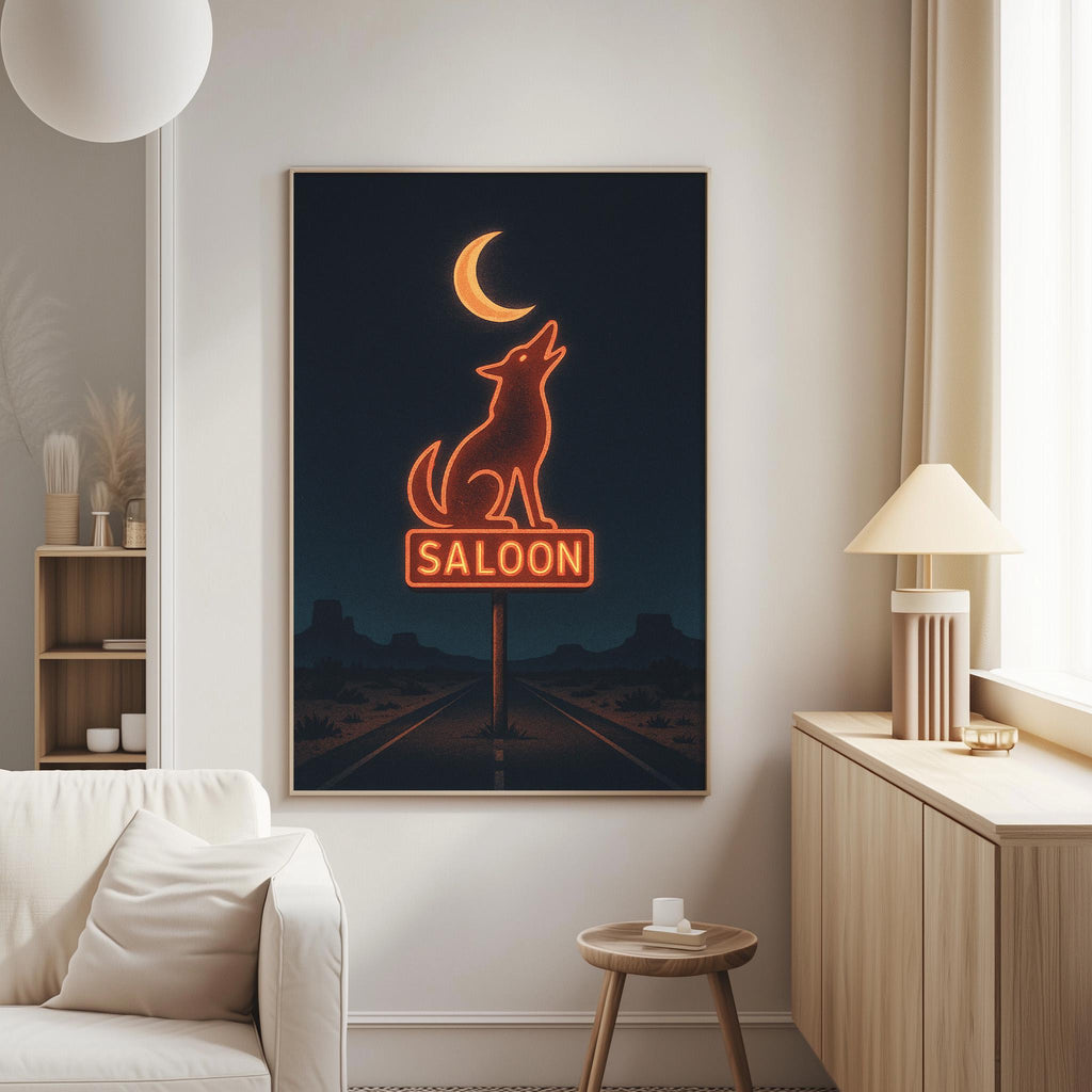 a large framed neon sign of a wolf howling at the moon, mounted on a wall in a living room setting.