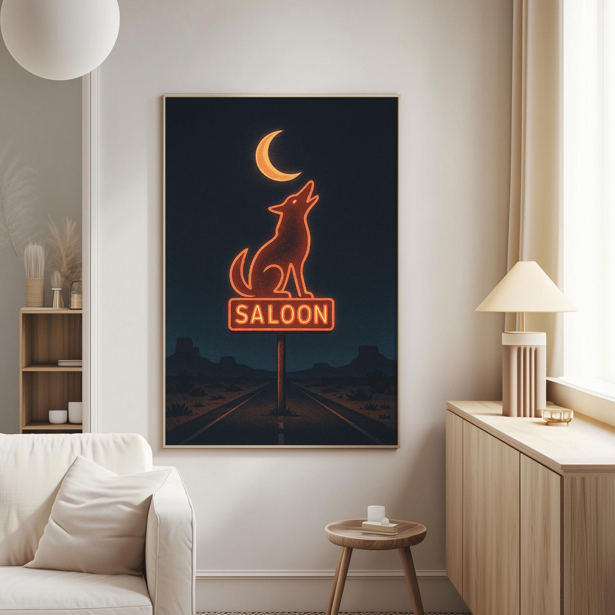 a large framed neon sign of a wolf howling at the moon, mounted on a wall in a living room setting.
