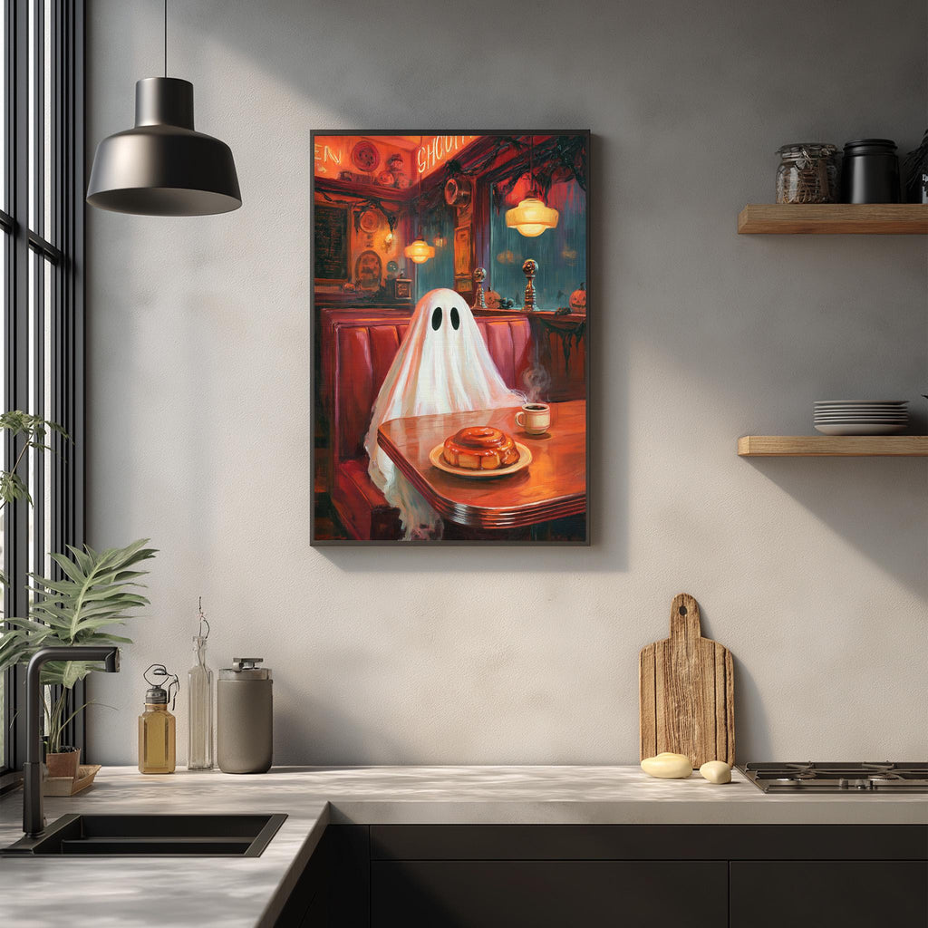 a ghost sitting at a table in a restaurant, with a plate of food and a cup on the table.