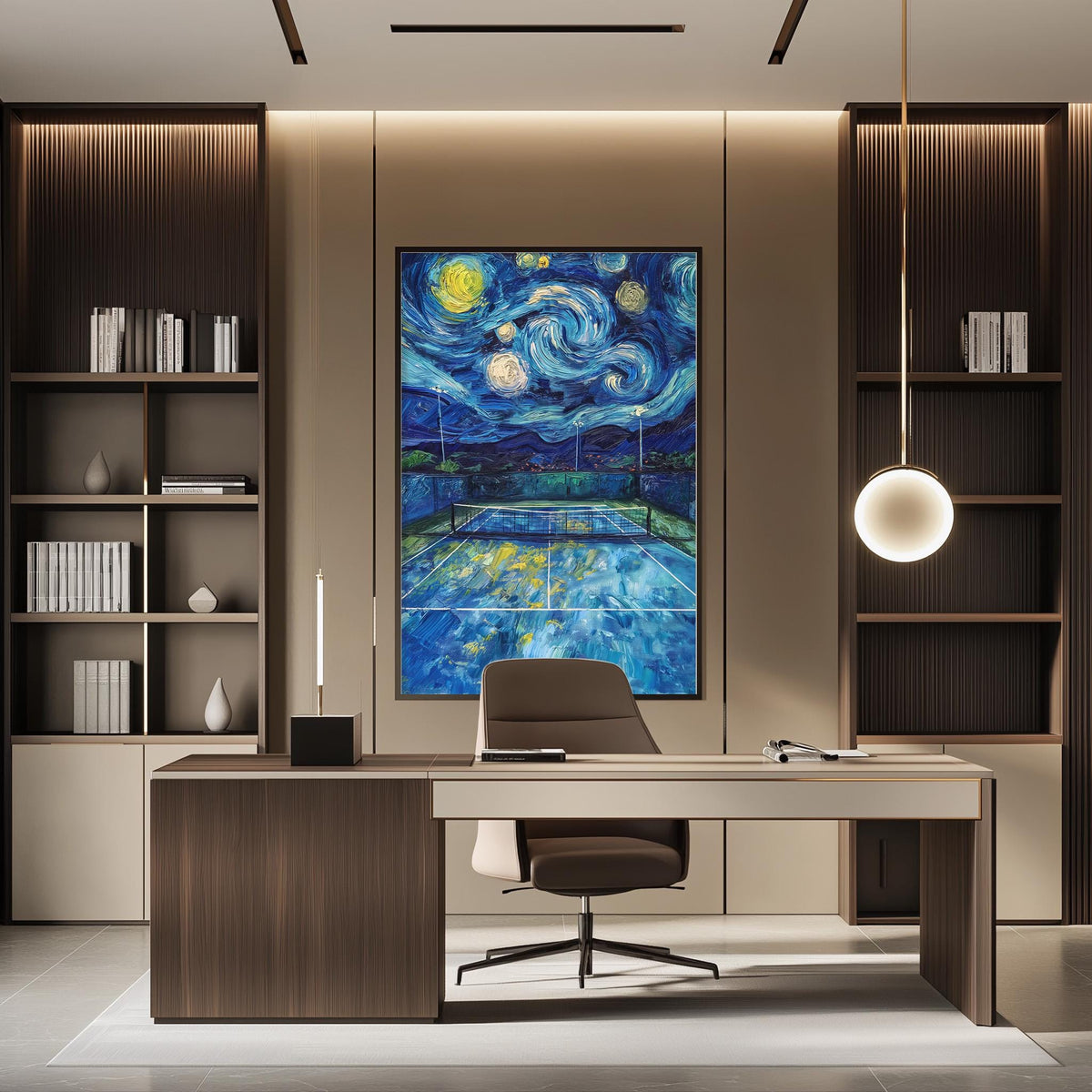 a modern office space with a large painting of the Starry Night on the wall, a wooden desk with a chair, and built-in bookshelves.