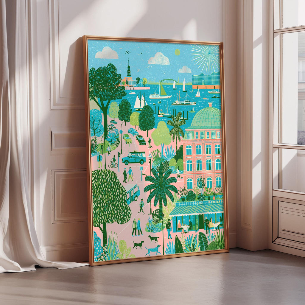 The image is a large framed poster depicting a vibrant and colorful cityscape with various elements such as buildings, trees, vehicles, and people.