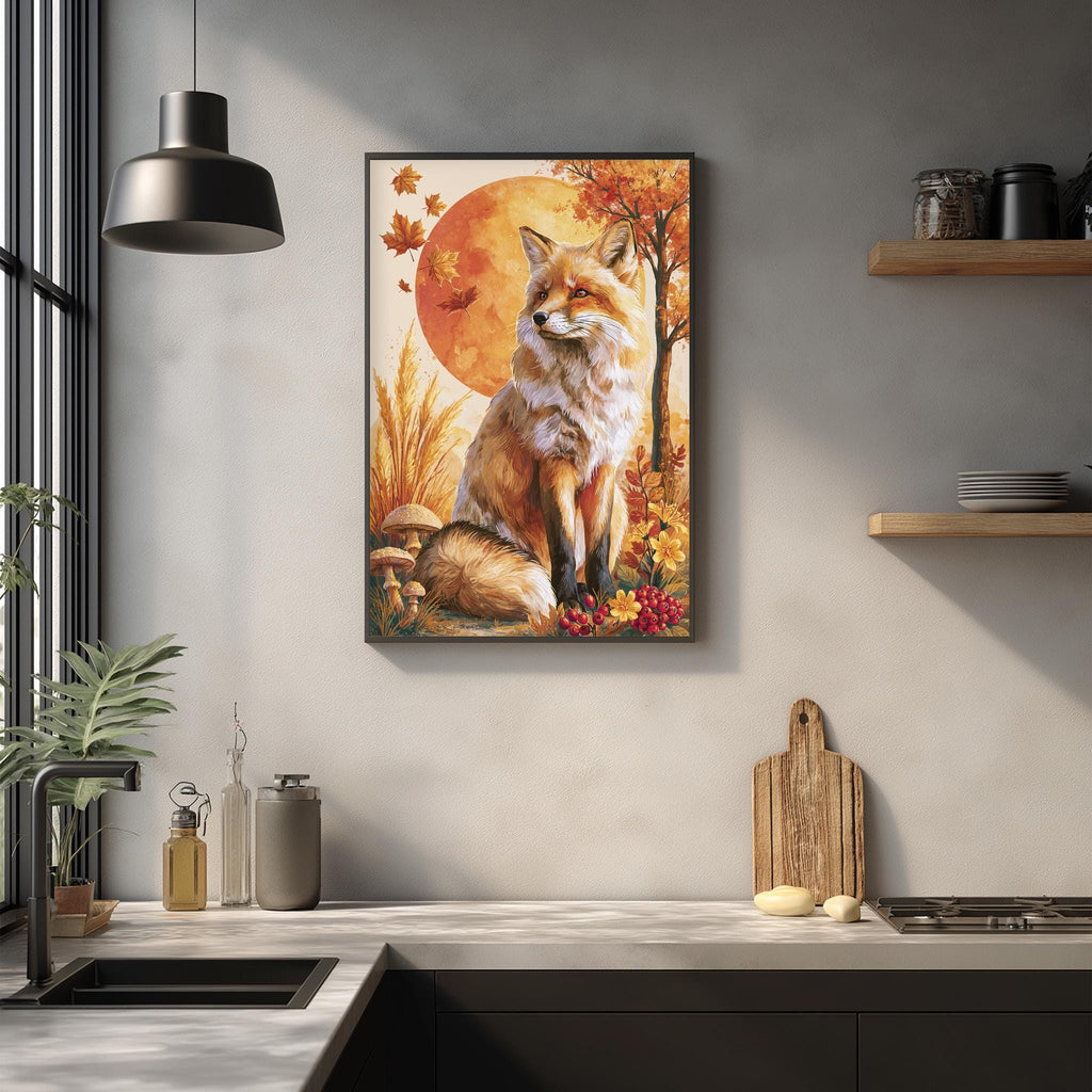 a framed painting of a fox sitting in a forest setting, with a large orange sun in the background. The painting is hanging on a wall above a kitchen counter with various kitchen items such as a cutting board, a bottle, and a vase.