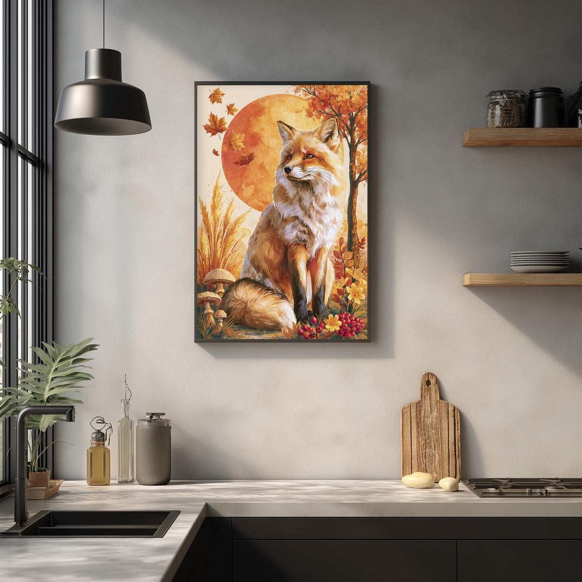 a framed painting of a fox sitting in a forest setting, with a large orange sun in the background. The painting is hanging on a wall above a kitchen counter with various kitchen items such as a cutting board, a bottle, and a vase.