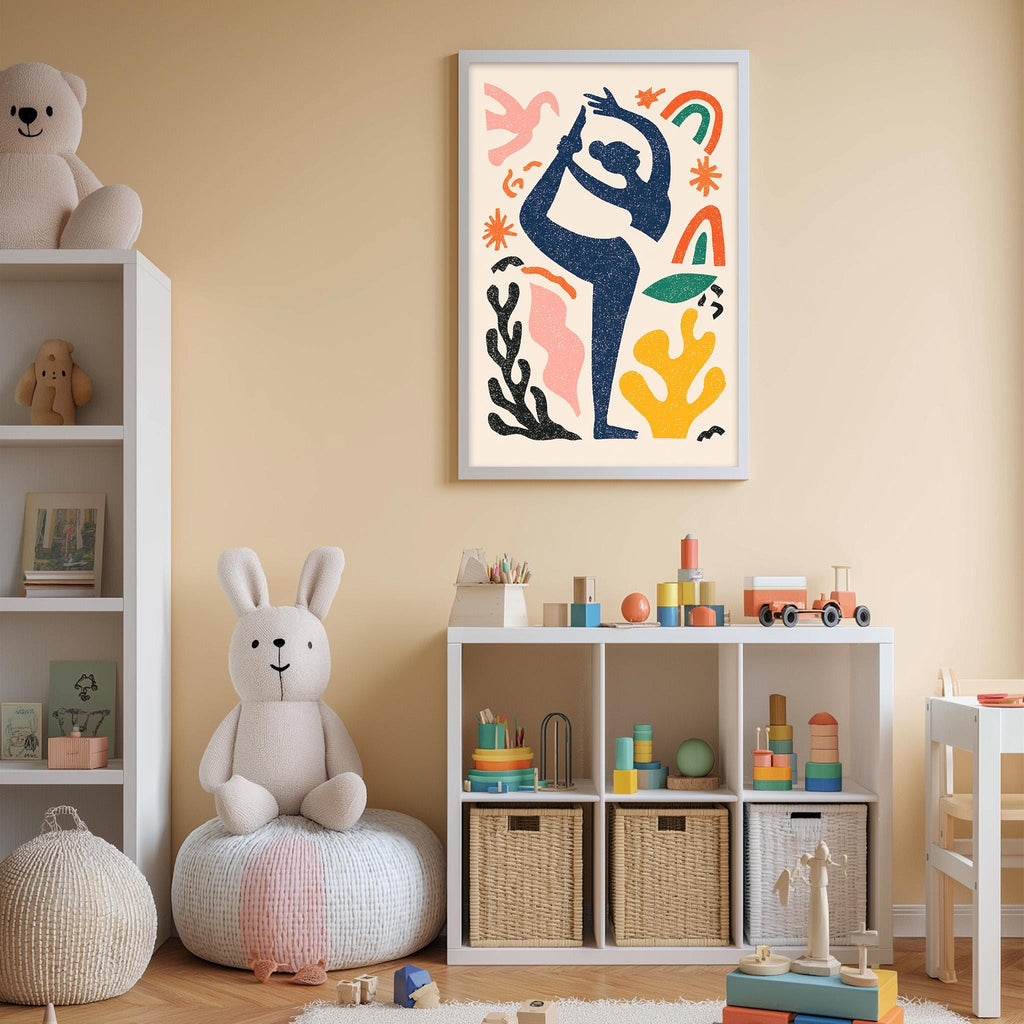 A child's bedroom with a large abstract painting on the wall, a white bookshelf filled with toys, and a stuffed rabbit sitting on a bean bag chair.