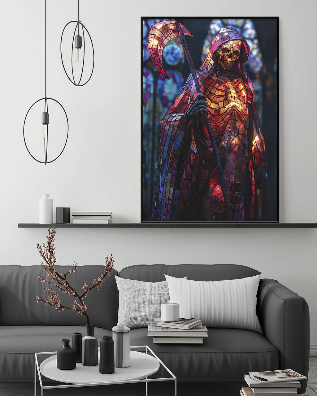 a large, colorful painting of a skeleton figure with a mace, displayed on a wall above a gray couch in a living room setting.