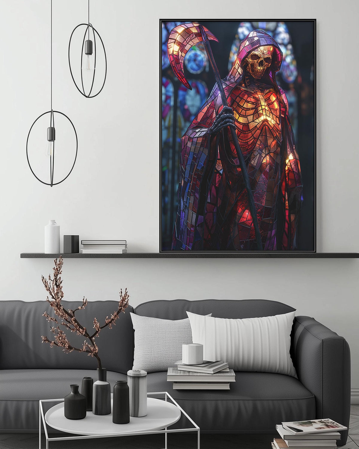 a large, colorful painting of a skeleton figure with a mace, displayed on a wall above a gray couch in a living room setting.