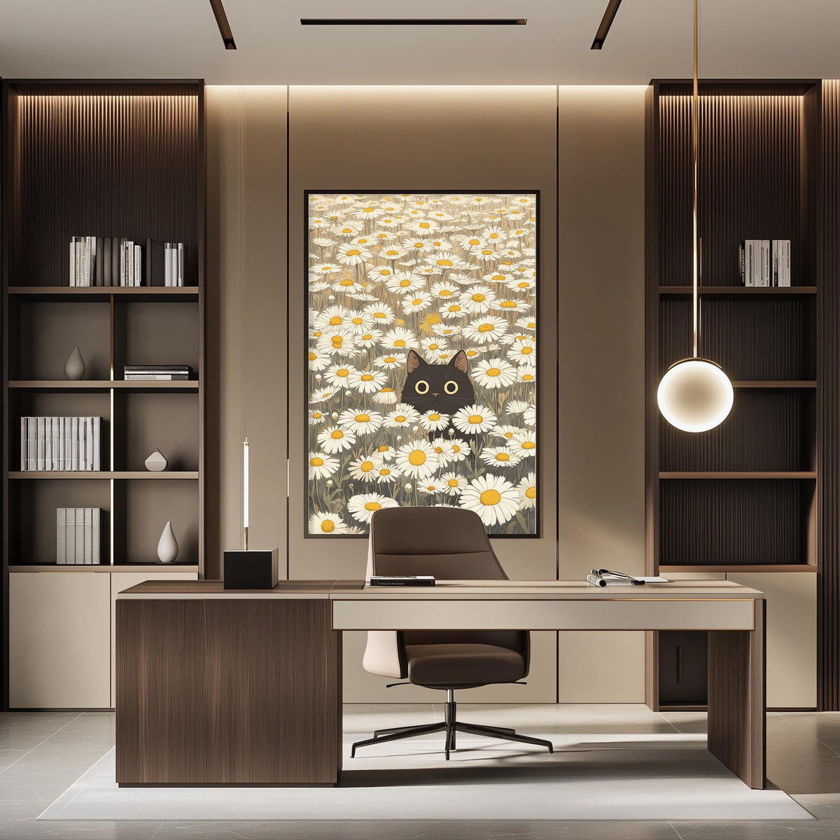 a modern and well-organized office space with a large floral artwork hanging on the wall behind a desk.