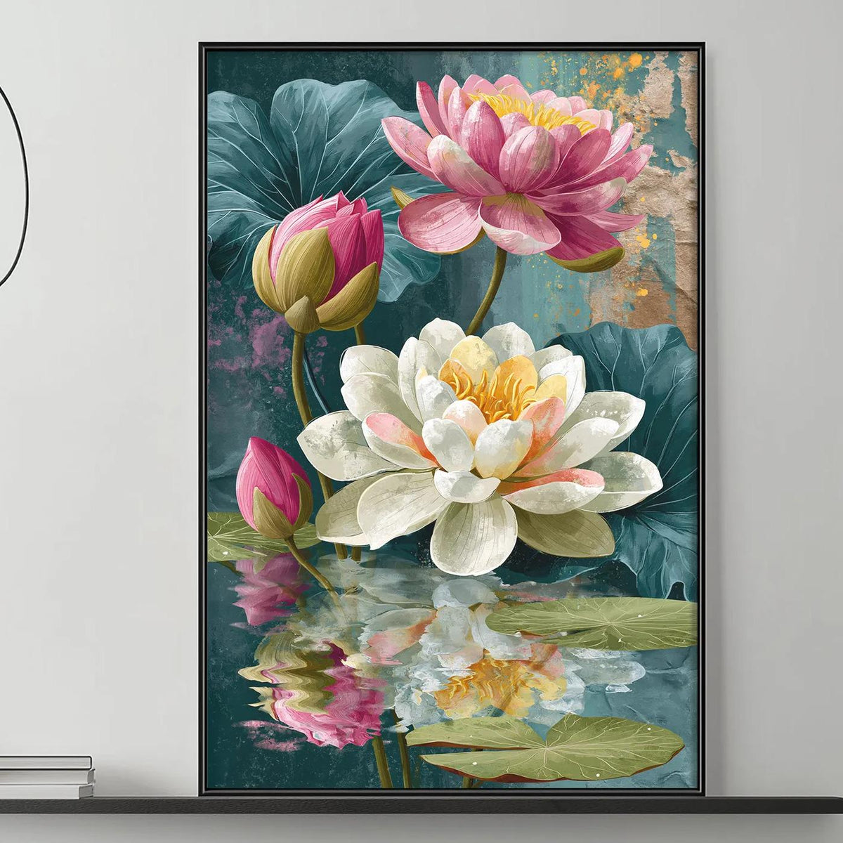 a large framed painting of colorful flowers, including pink and white lotus flowers, displayed on a wall above a gray couch in a living room setting.