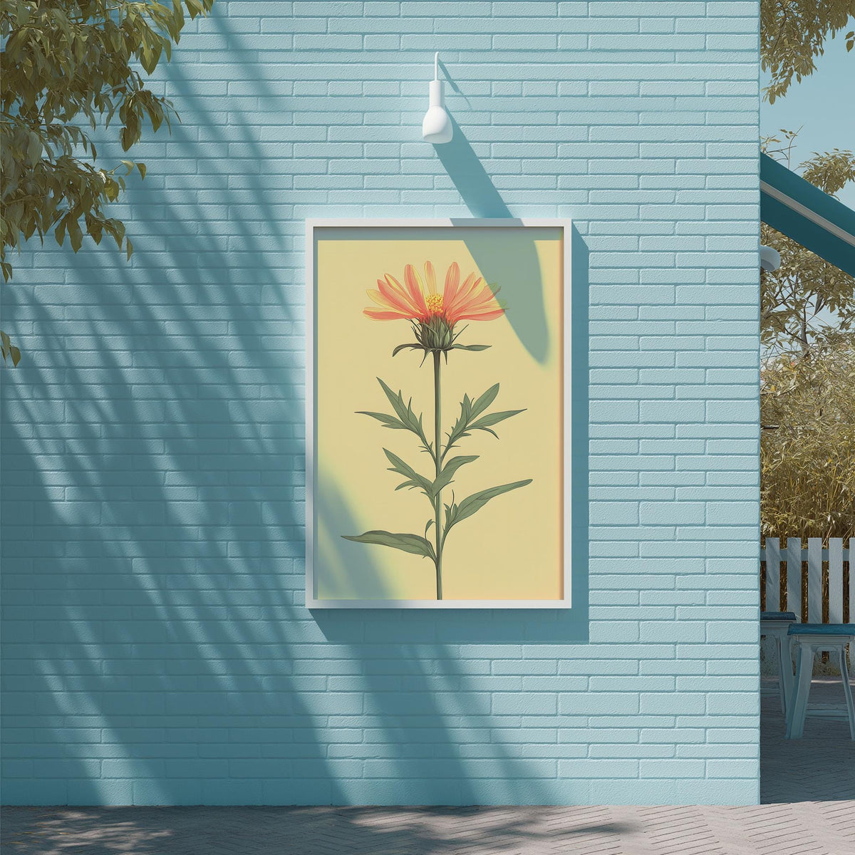 a vibrant yellow flower with a pink center, framed and displayed on a blue brick wall.