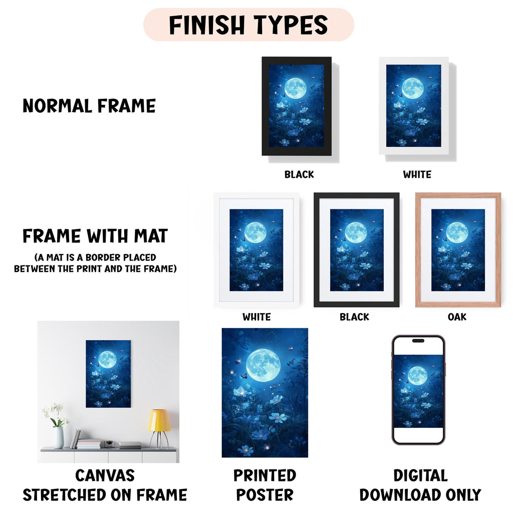 various types of artwork, including a canvas stretched on a frame, a framed poster, and a digital poster. The artwork features a night scene with a full moon and flowers.