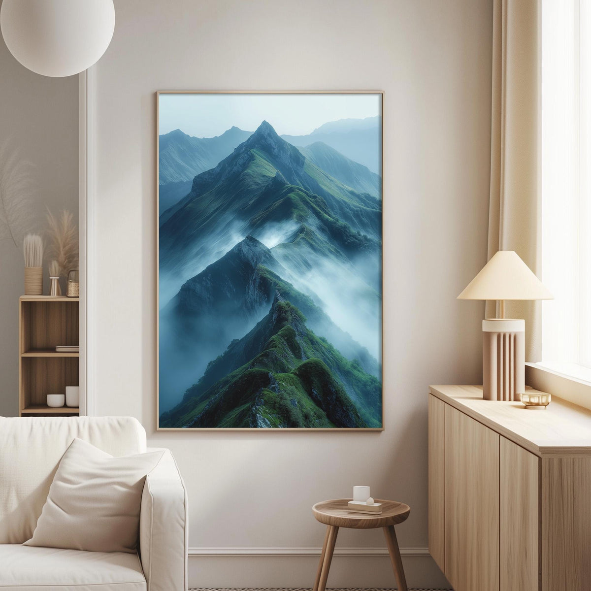 a large framed picture of a mountainous landscape with a misty, hazy effect, hanging on a wall in a living room setting.