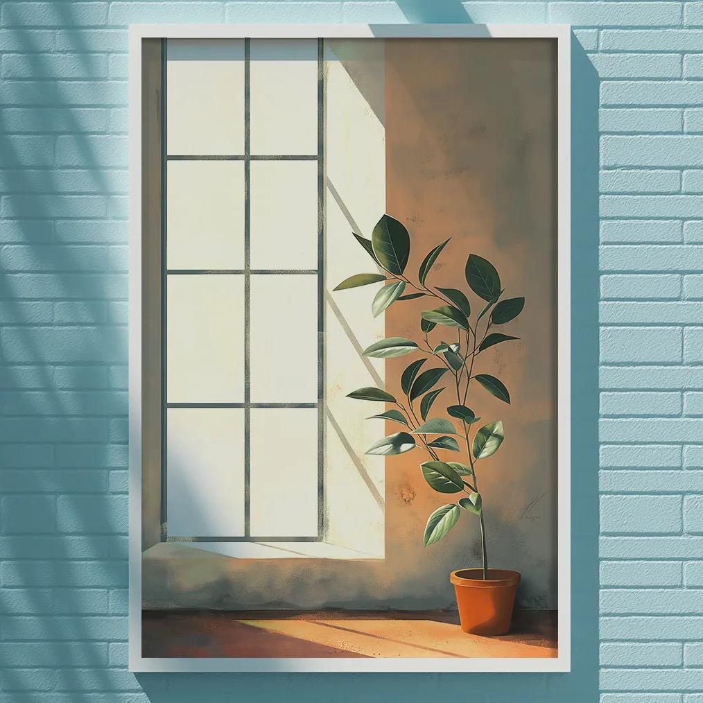 a blue brick wall with a framed painting of a plant in a pot, hanging on the wall.