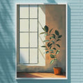 a blue brick wall with a framed painting of a plant in a pot, hanging on the wall.