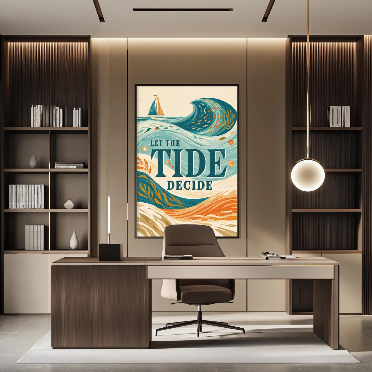 a modern office space with a large framed poster on the wall that says "Let the tide decide". The office has a wooden desk, a chair, and a bookshelf filled with books. The overall design and decor create a professional and stylish atmosphere.