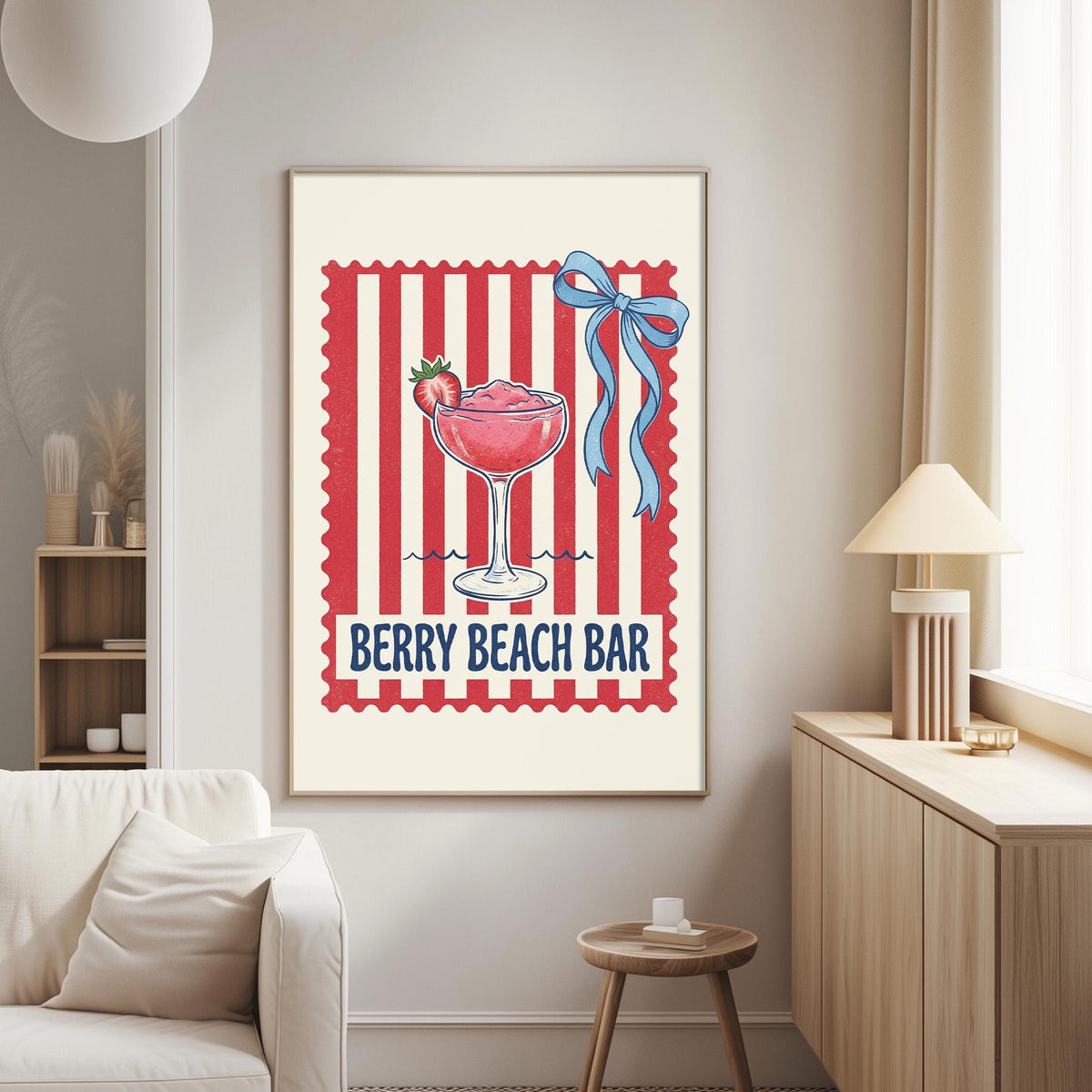a poster of a berry-themed drink, likely a berry-based cocktail, hanging on a wall in a living room.