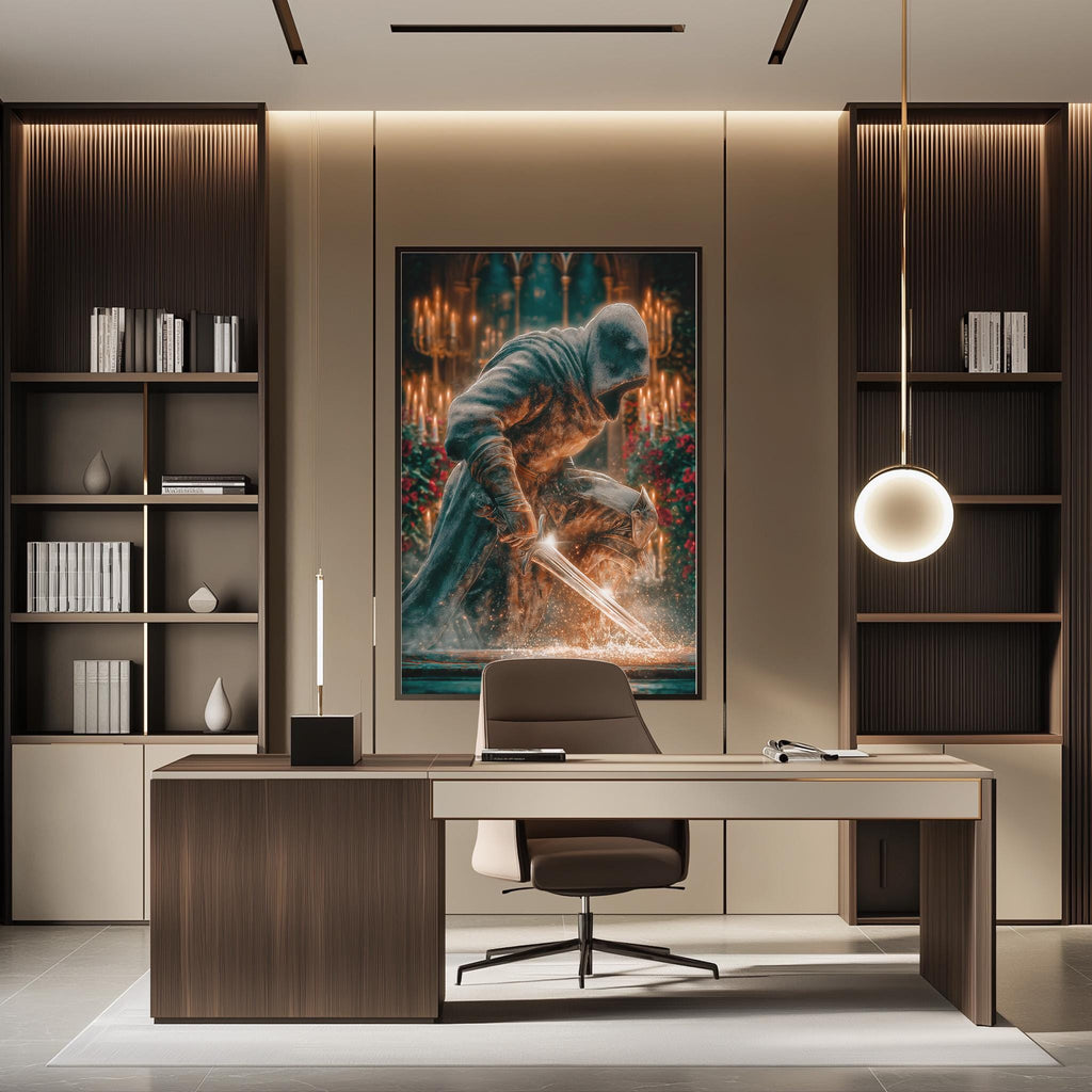 a modern office space with a large painting of a figure wielding a sword on the wall. The office has a wooden desk, a chair, and a bookshelf filled with books. The overall design and decor create a professional and stylish atmosphere.