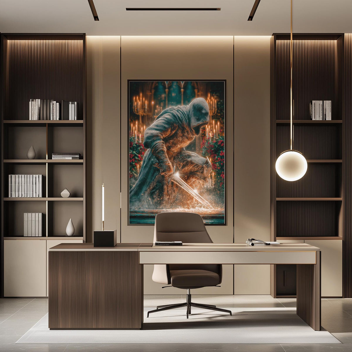 a modern office space with a large painting of a figure wielding a sword on the wall. The office has a wooden desk, a chair, and a bookshelf filled with books. The overall design and decor create a professional and stylish atmosphere.