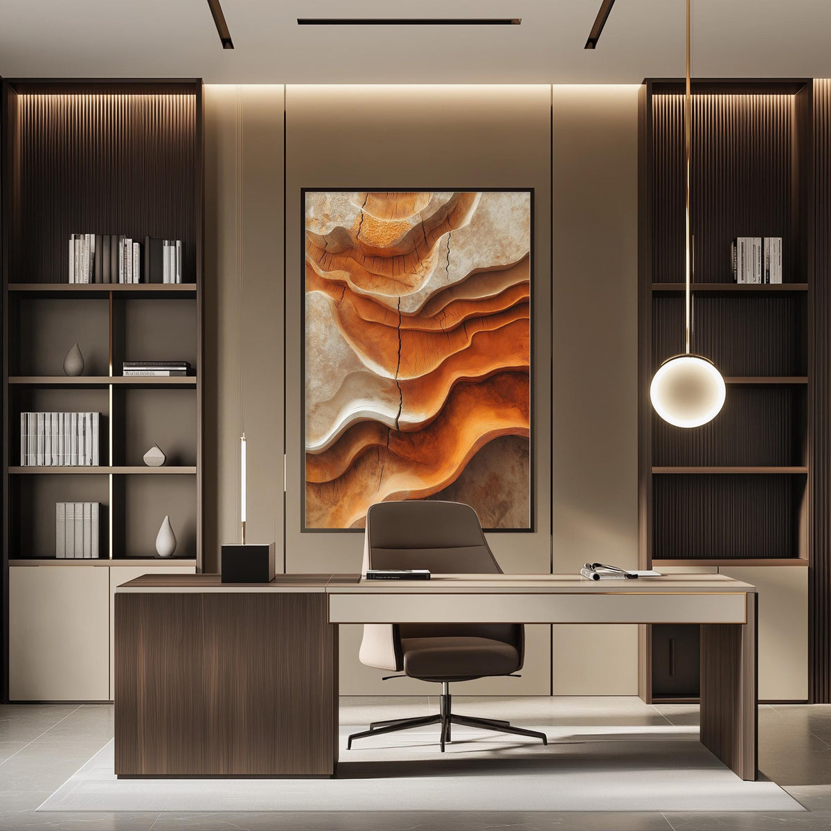 a modern and stylish office space with a large abstract painting on the wall, a wooden desk with a chair, and built-in bookshelves.
