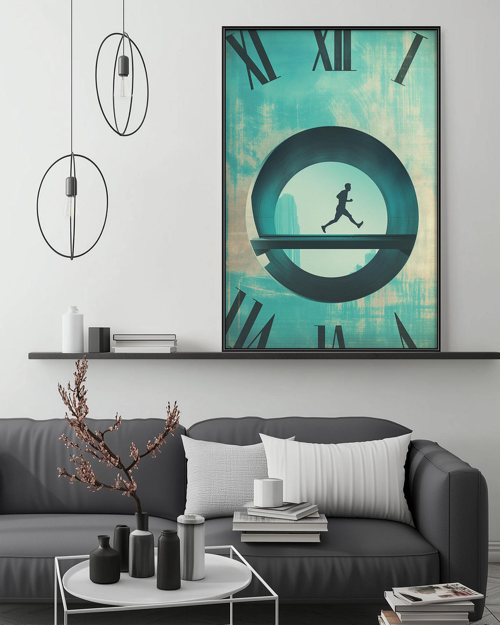 a modern living room with a gray sofa, a coffee table, and a large abstract clock-like artwork hanging on the wall above the sofa.