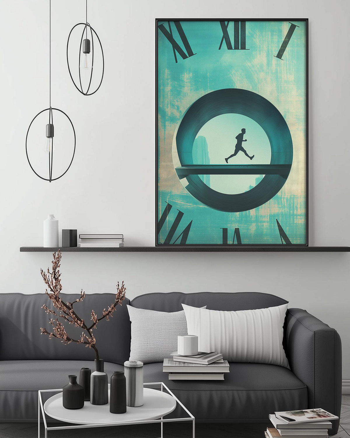 a modern living room with a gray sofa, a coffee table, and a large abstract clock-like artwork hanging on the wall above the sofa.