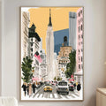 a lively city street scene with tall buildings, cars, and pedestrians, creating a vibrant and bustling atmosphere.