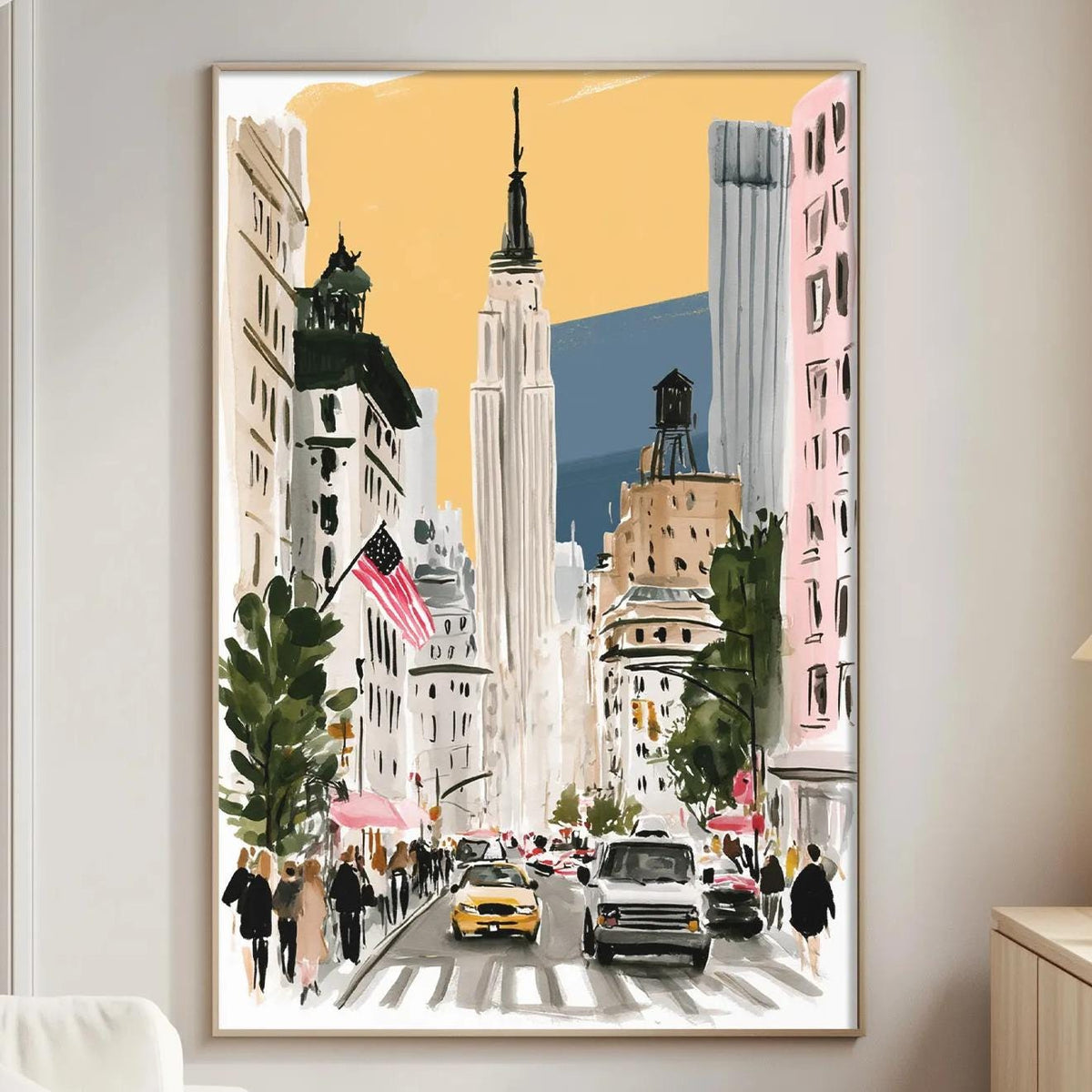 a lively city street scene with tall buildings, cars, and pedestrians, creating a vibrant and bustling atmosphere.