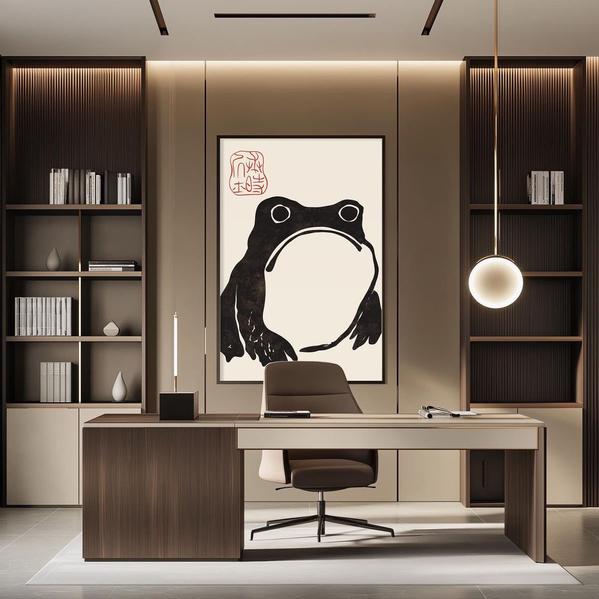 a modern office space with a large black and white frog-like artwork on the wall, a wooden desk with a chair, and built-in bookshelves.