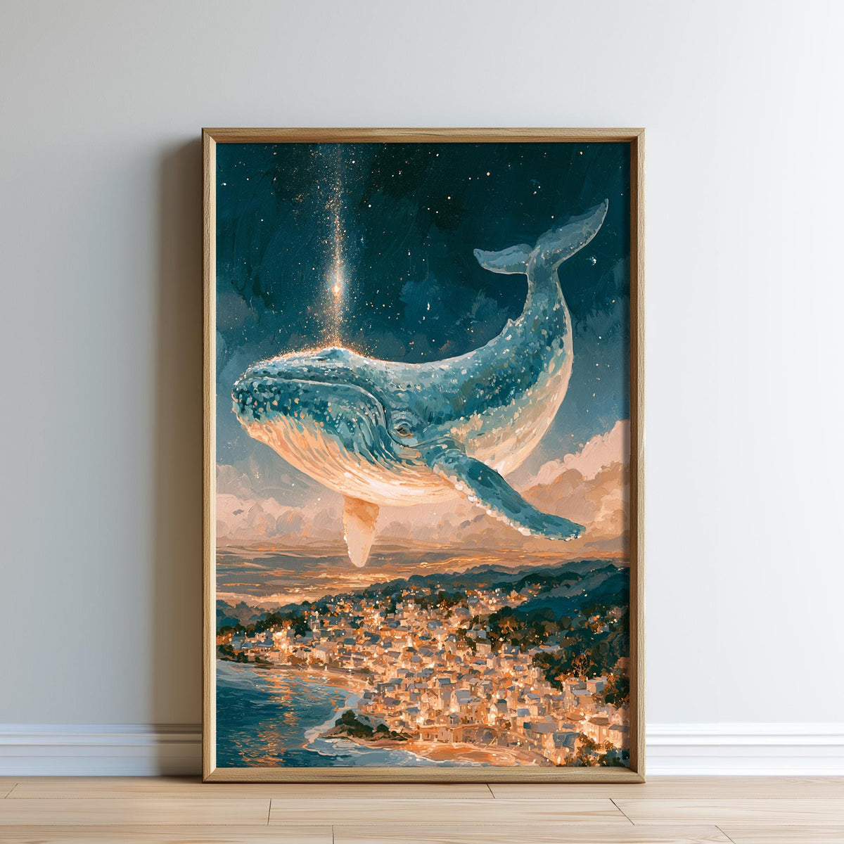 The image is a painting of a large blue whale floating in the sky above a cityscape.