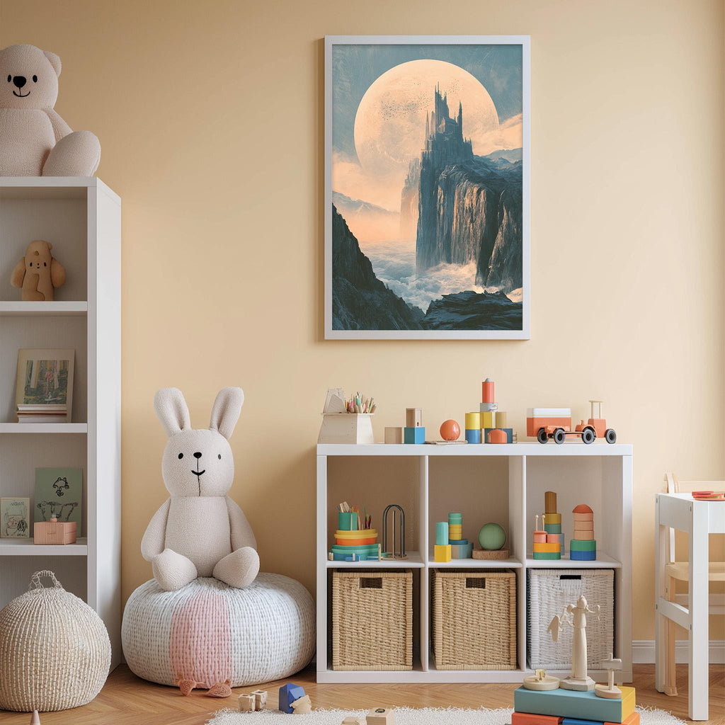 A cozy children's room with a large stuffed bunny, a bookshelf, and a toy castle. The room has a warm, inviting atmosphere with a large moon-like painting on the wall.