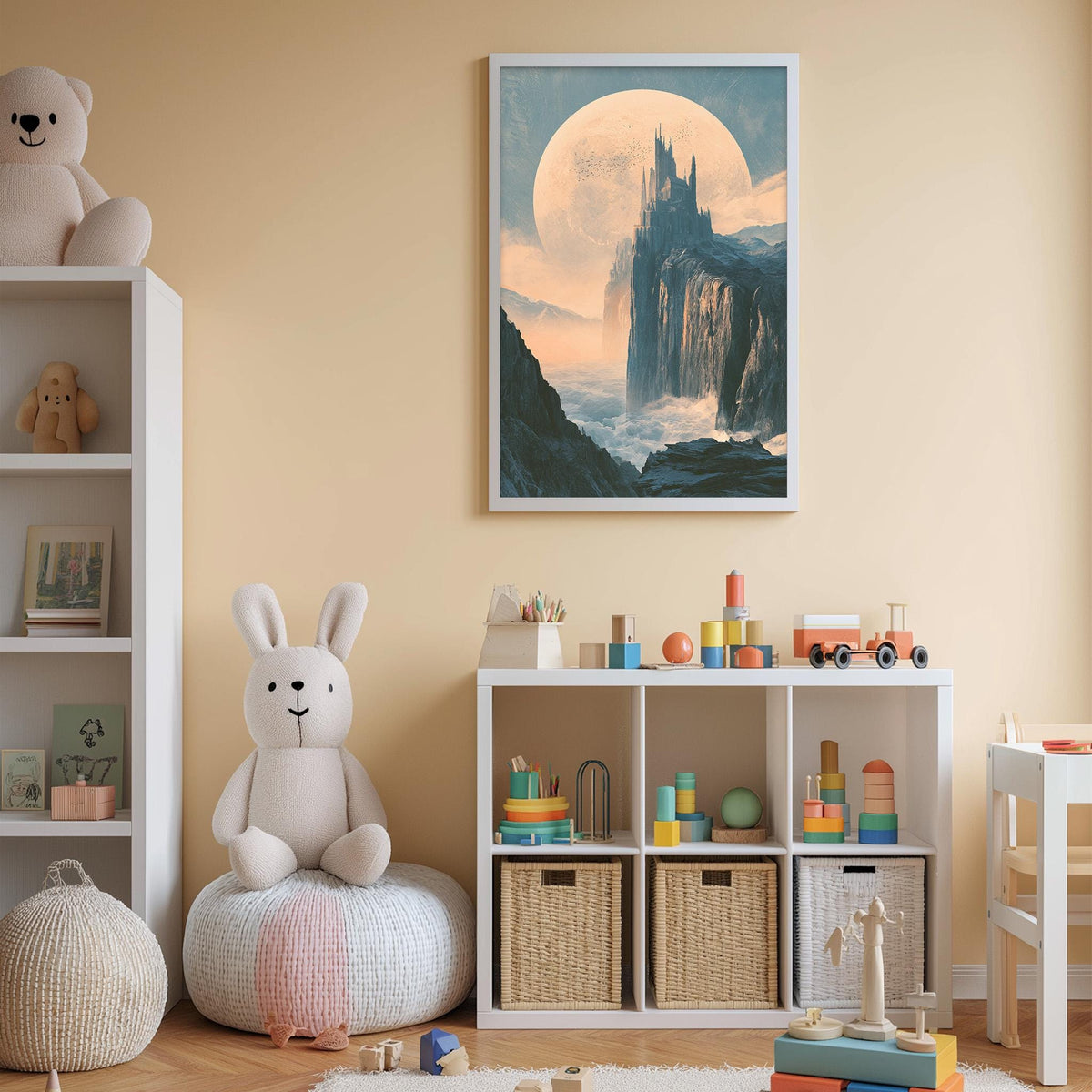 A cozy children's room with a large stuffed bunny, a bookshelf, and a toy castle. The room has a warm, inviting atmosphere with a large moon-like painting on the wall.