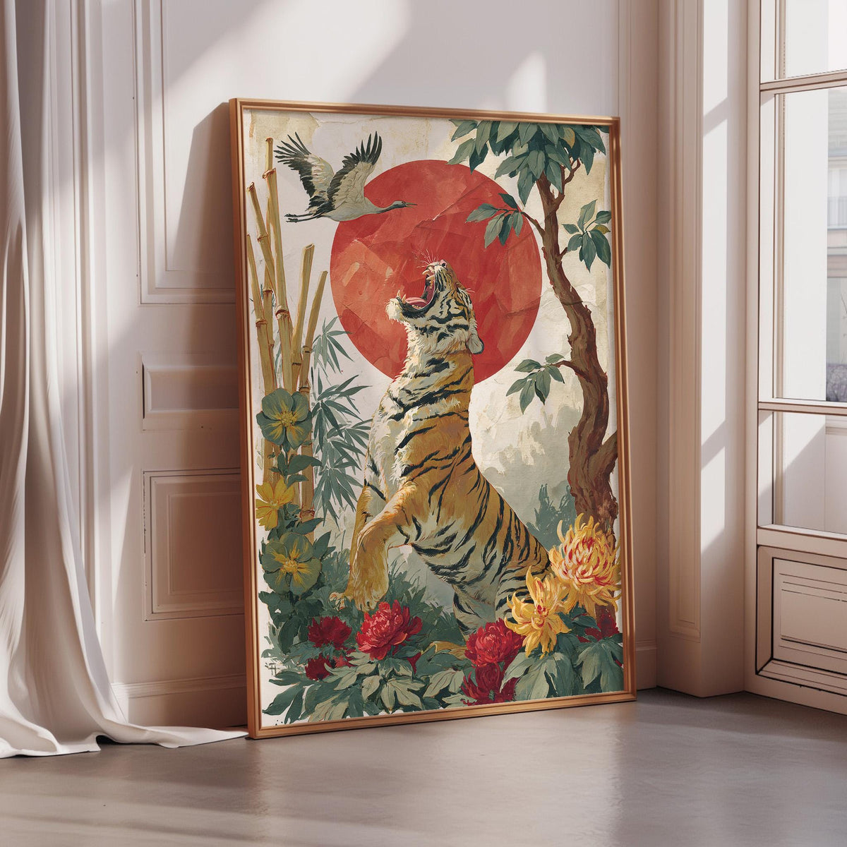 A framed painting depicting a tiger standing in a lush, tropical setting with a large red sun in the background.