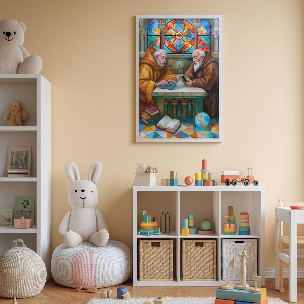 A child's bedroom with a large painting of two monks on a table, surrounded by toys and bookshelves filled with toys and books.