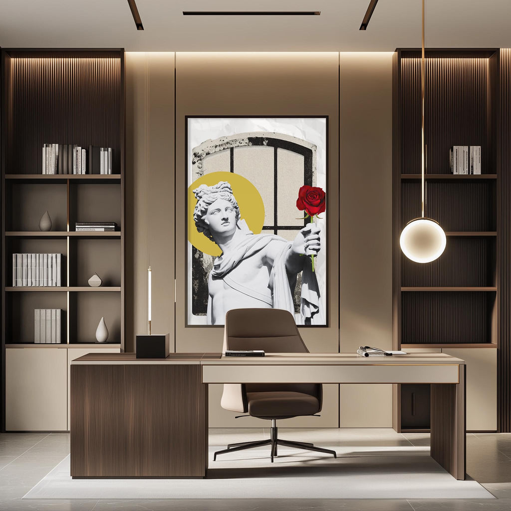 a modern office space with a large framed artwork of a woman holding a red rose on the wall. The office has a wooden desk, a chair, and a bookshelf filled with books. The overall design and decor create a professional and stylish atmosphere.