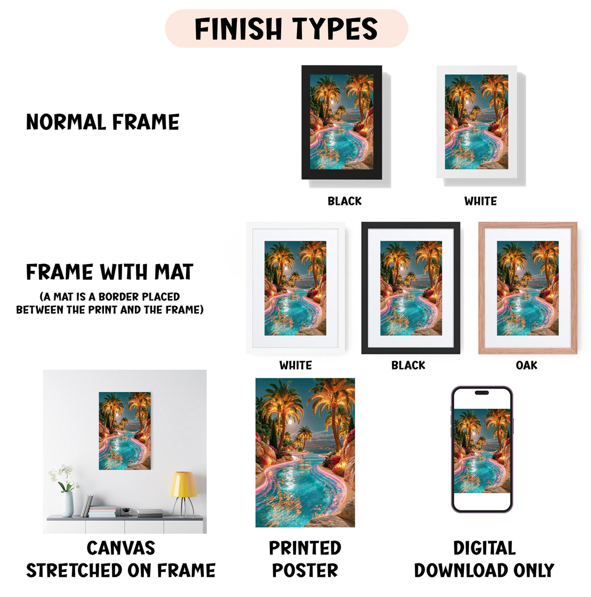 various types of artwork, including a normal frame, a frame with a mat, a white frame, a black frame, an oak frame, a white canvas stretched on a frame, a printed poster, and a digital download only.