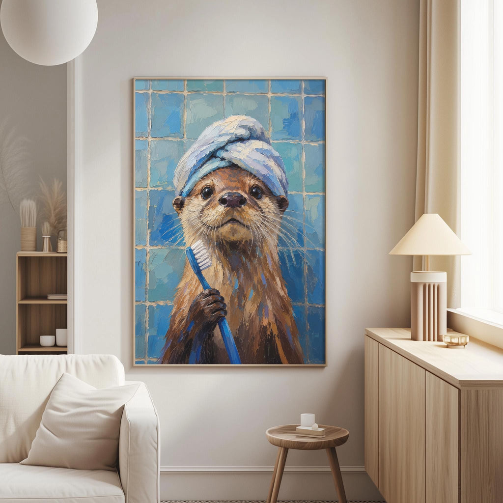 a painting of an otter holding a toothbrush, with a blue towel wrapped around its head, set against a blue tiled wall.