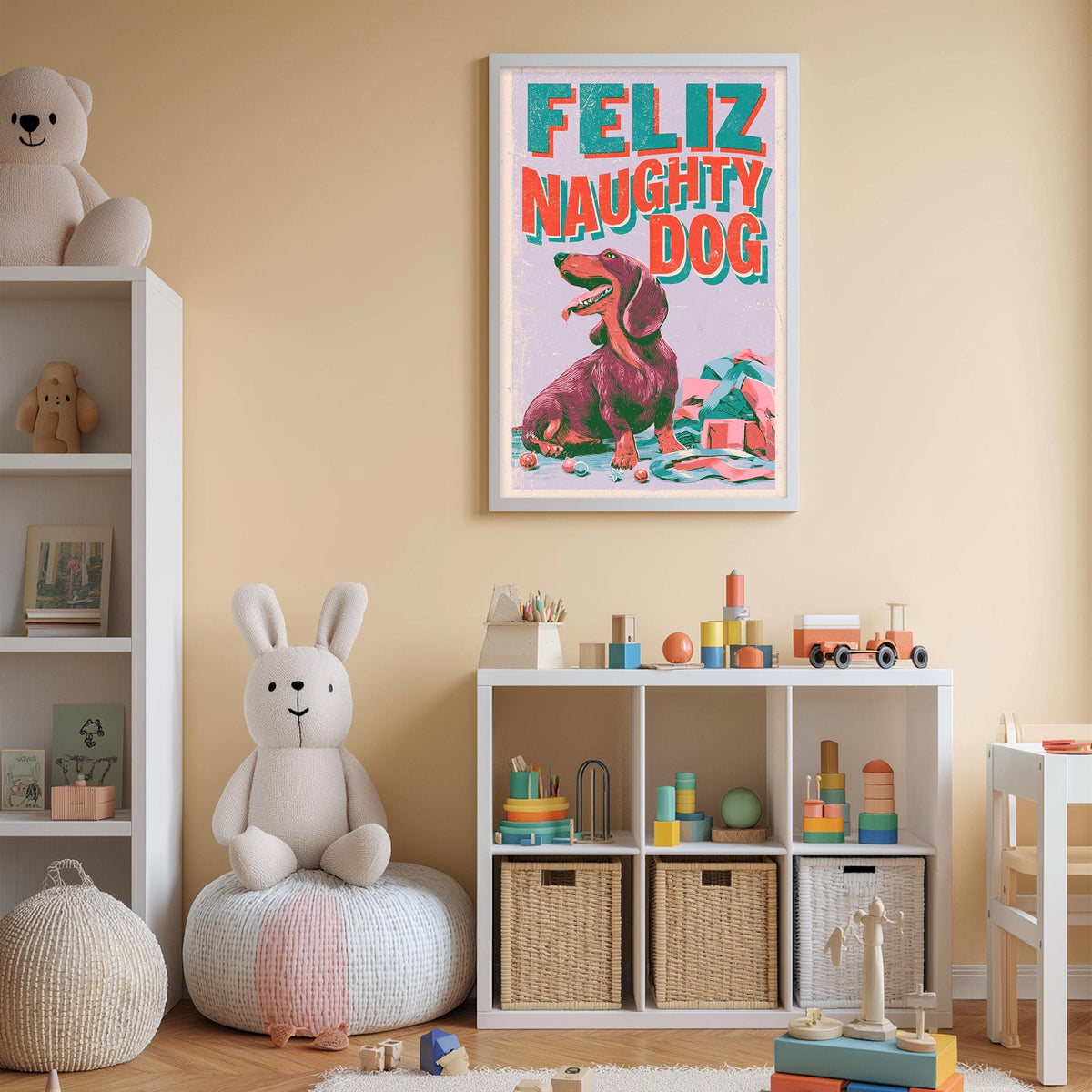 A child's bedroom with a white bookshelf, a stuffed rabbit, and a colorful poster of a dog on the wall.