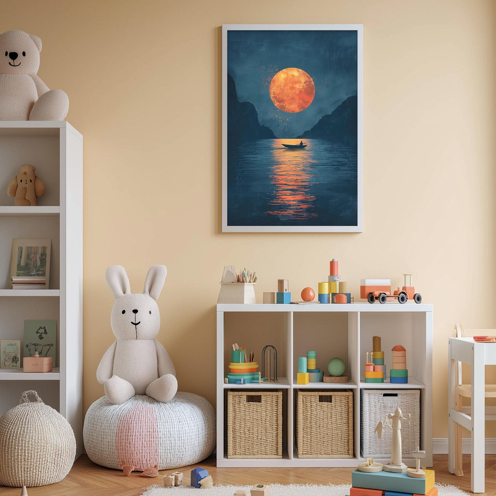 A cozy children's bedroom with a large stuffed bunny, a bookshelf, and a toy chest filled with toys. The room has a warm, inviting atmosphere, with a large framed picture of a sunset over a lake hanging on the wall.