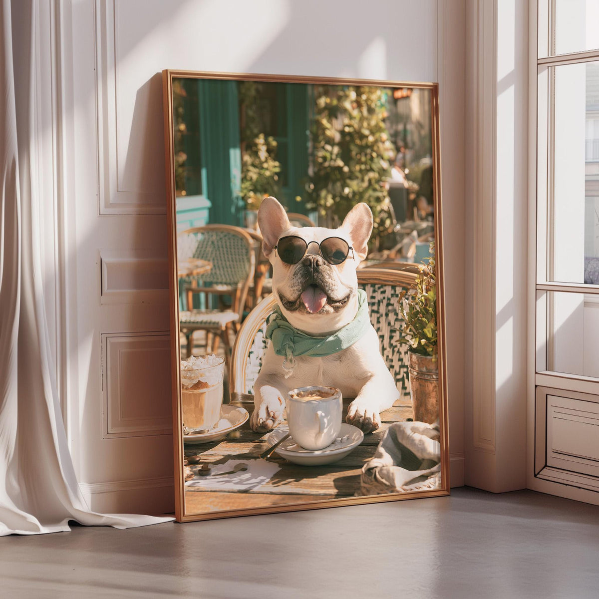 A French Bulldog wearing sunglasses is sitting at a table with a cup and saucer, as depicted in a framed image.