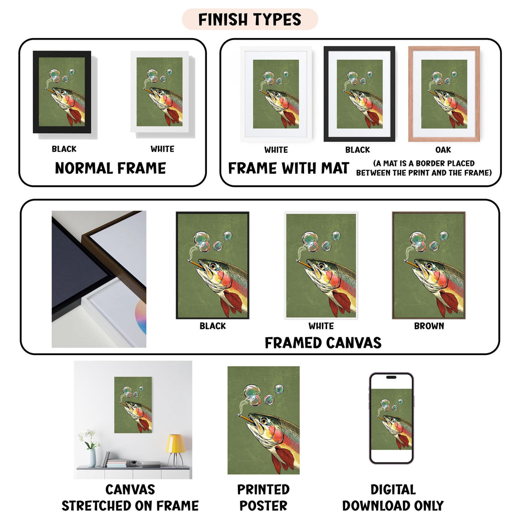 various finish types for a framed artwork, including a black and white, white, black, oak, and white mat. It also displays a canvas stretched on a frame, a framed canvas, a white poster, a stretched canvas, a printed poster, and a digital download only.