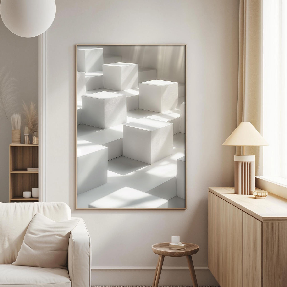 a minimalist living room with a large white cube-shaped artwork hanging on the wall, a white sofa, a wooden side table, and a lamp on a wooden cabinet.