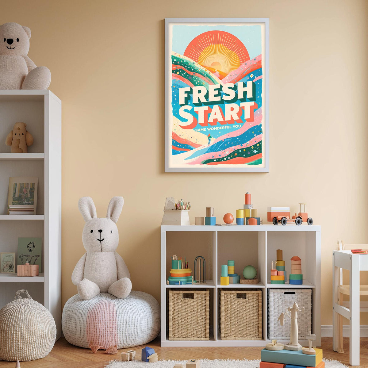 A child's bedroom with a white bookshelf, a stuffed rabbit, and a colorful poster on the wall. The poster features a sun and mountains, and the text "FRESH START" is written in large letters.