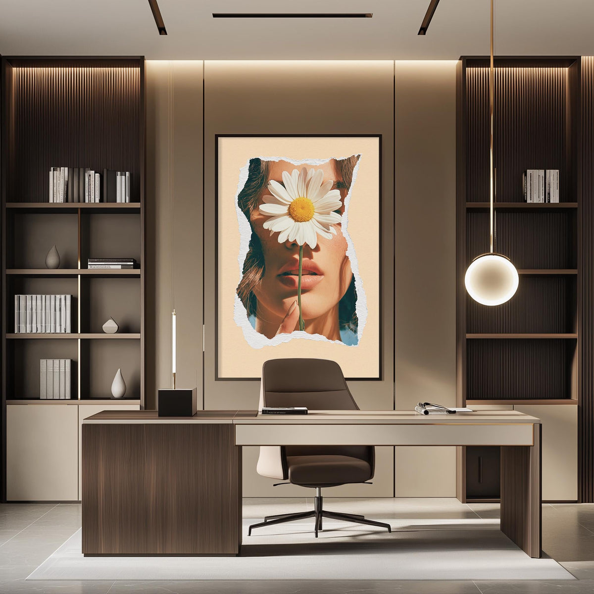 a modern office space with a large framed artwork of a woman's face with a flower on the wall. The office has a wooden desk, a chair, and a bookshelf filled with books. The overall design and decor create a professional and stylish atmosphere.