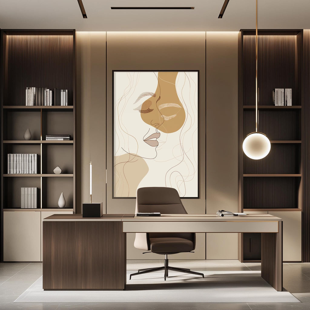 a modern and stylish office space with a large abstract portrait of a woman's face as the focal point. The room features a wooden desk, a comfortable chair, and built-in bookshelves. The overall design and decor create a sophisticated and professional atmosphere.
