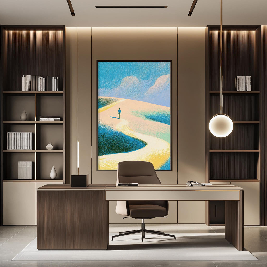 a modern and minimalist office space with a large painting of a winding path on the wall, a wooden desk with a chair, and built-in bookshelves.