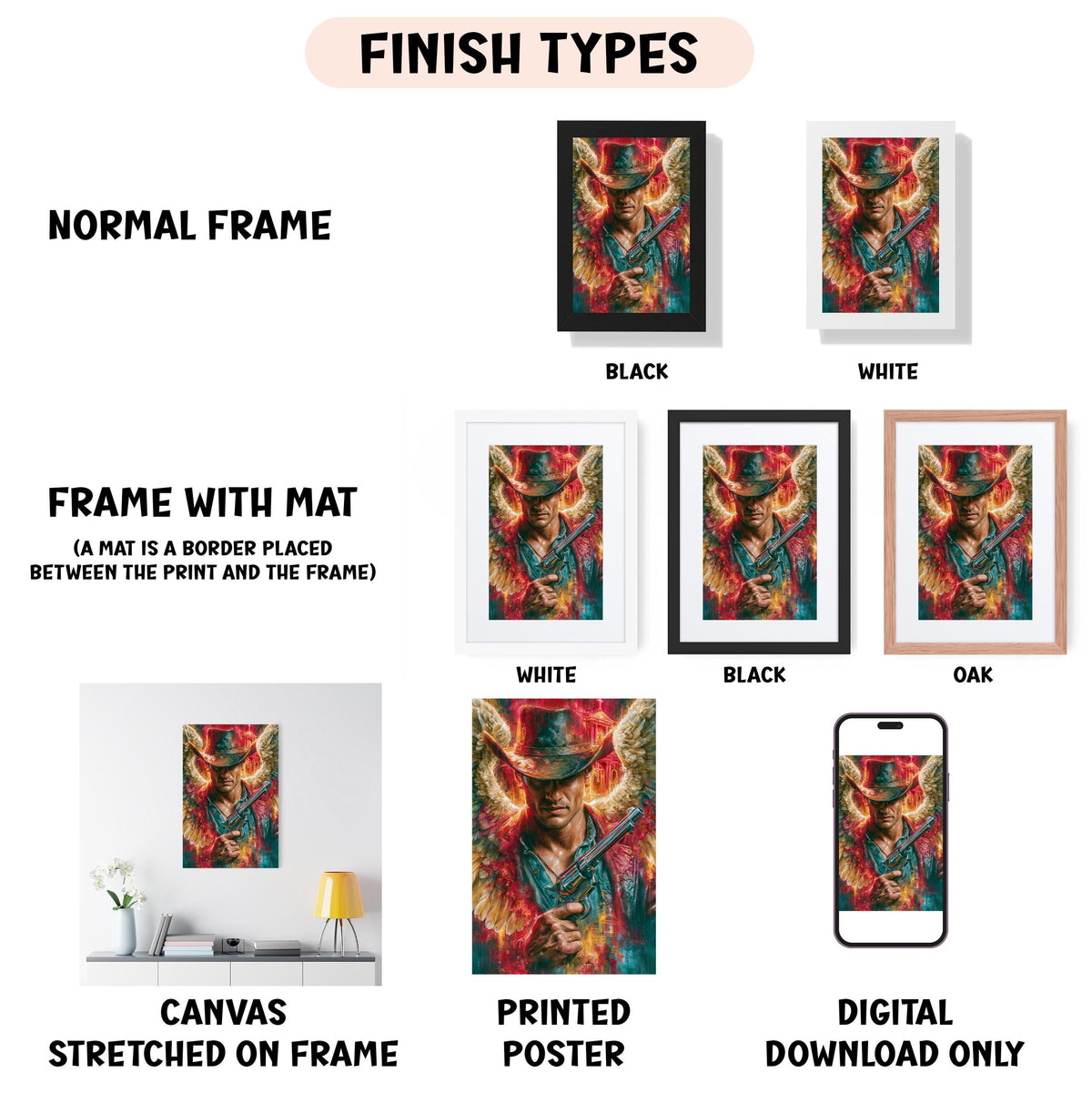 various types of artwork, including a canvas stretched on a frame, a framed poster, and a digital poster. The artwork is presented in different frame colors and styles, such as a normal frame, a black frame, a white frame, and an oak frame. The artwork is described as a canvas stretched on a frame, a framed poster, and a digital poster, and it is labeled as a finished type.