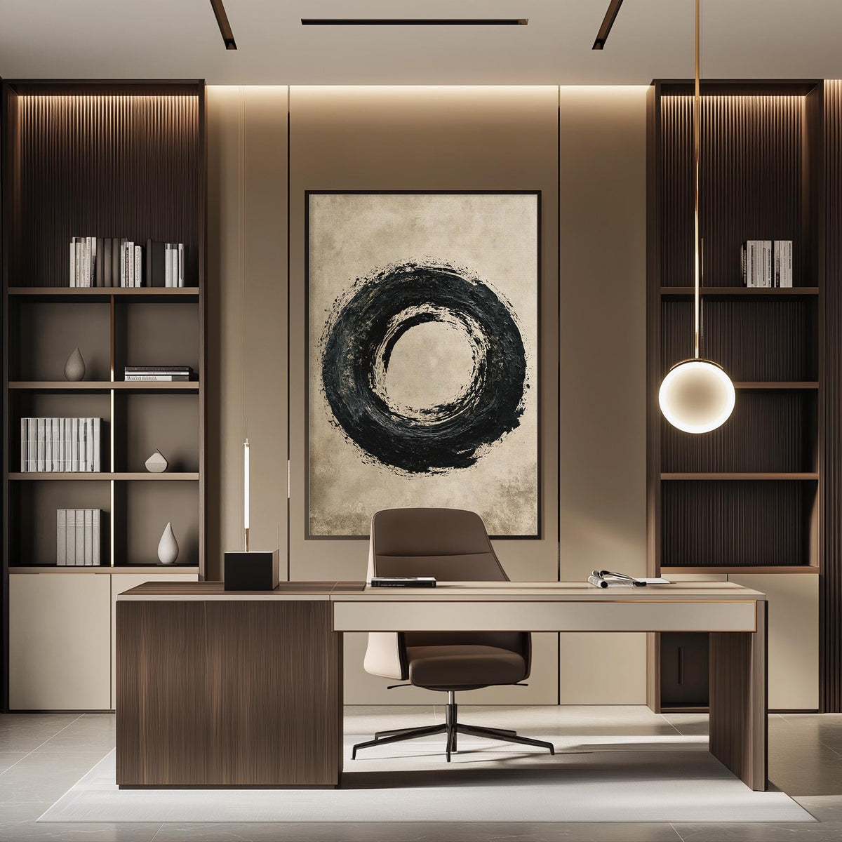 a modern and minimalist office space with a large circular artwork on the wall, a wooden desk with a chair, and built-in bookshelves.