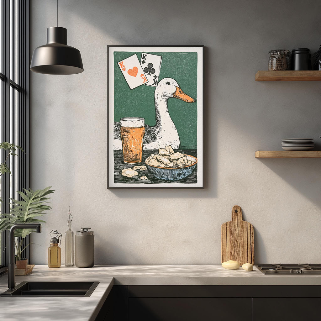 a framed illustration of a duck with playing cards on its head, surrounded by various kitchen items such as a beer mug, a bowl of food, and a cutting board.